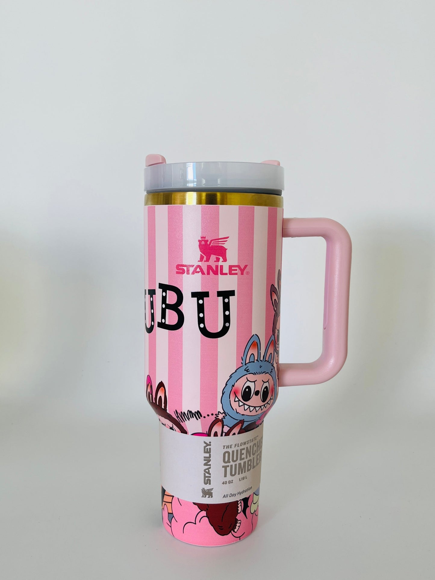 Momenvera Labubu 40oz Quencher Tumbler – Pink Stripes Edition